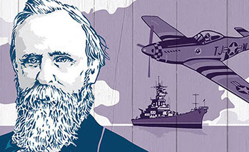 Illustration collage with Rutherford B. Hayes, WW2 fighter plane and ship by David Browning