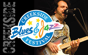 Creekside Blues & Jazz Festival logo design placed over top of performer photo